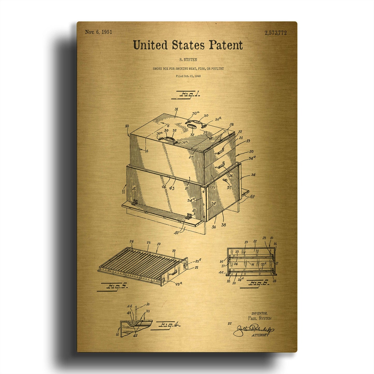 'Barbecue Blueprint Patent Parchment' By LUXE Gold Metal Wall Art