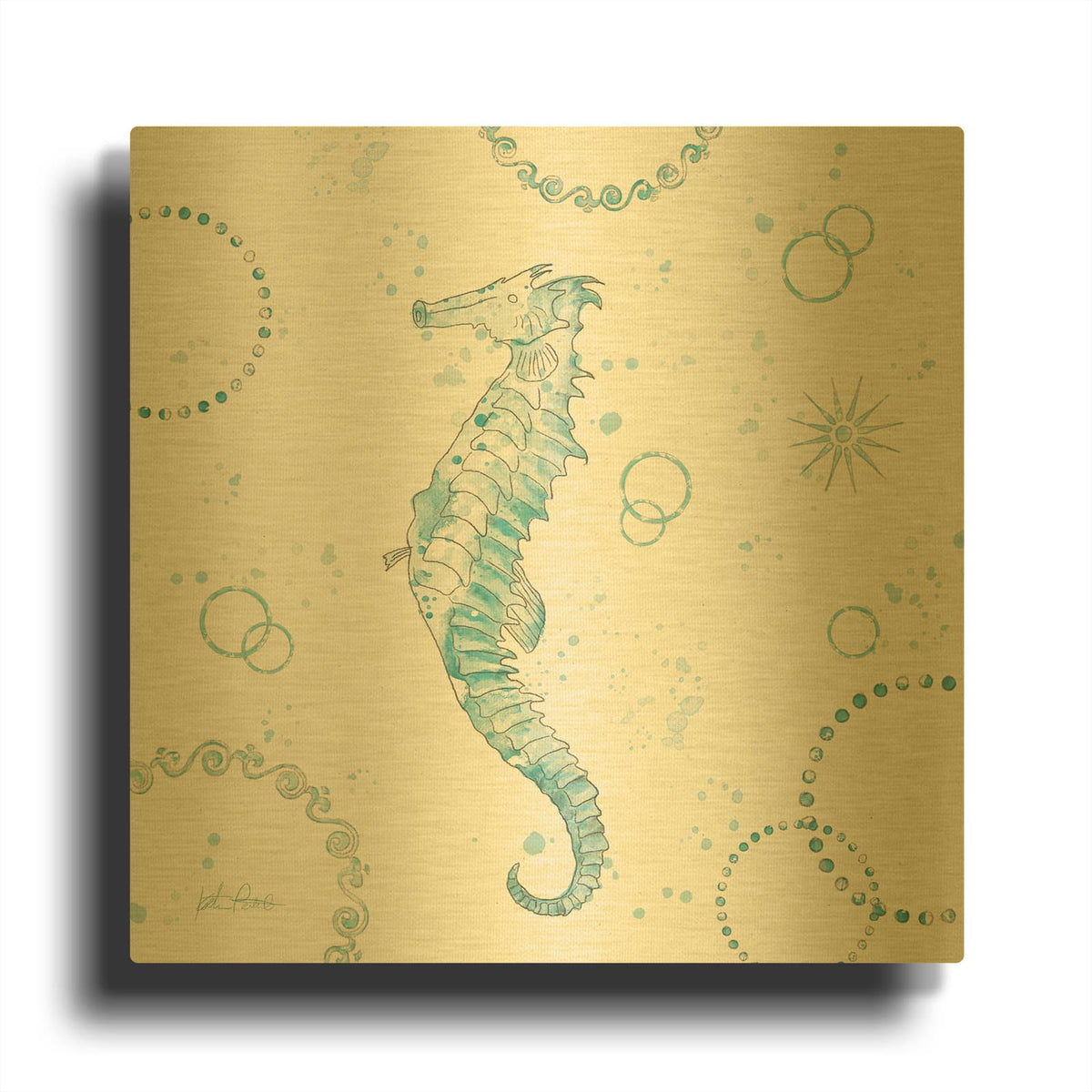 'Coastal Splash 3 One Seahorse' By Katie Pertiet Gold Metal Wall Art