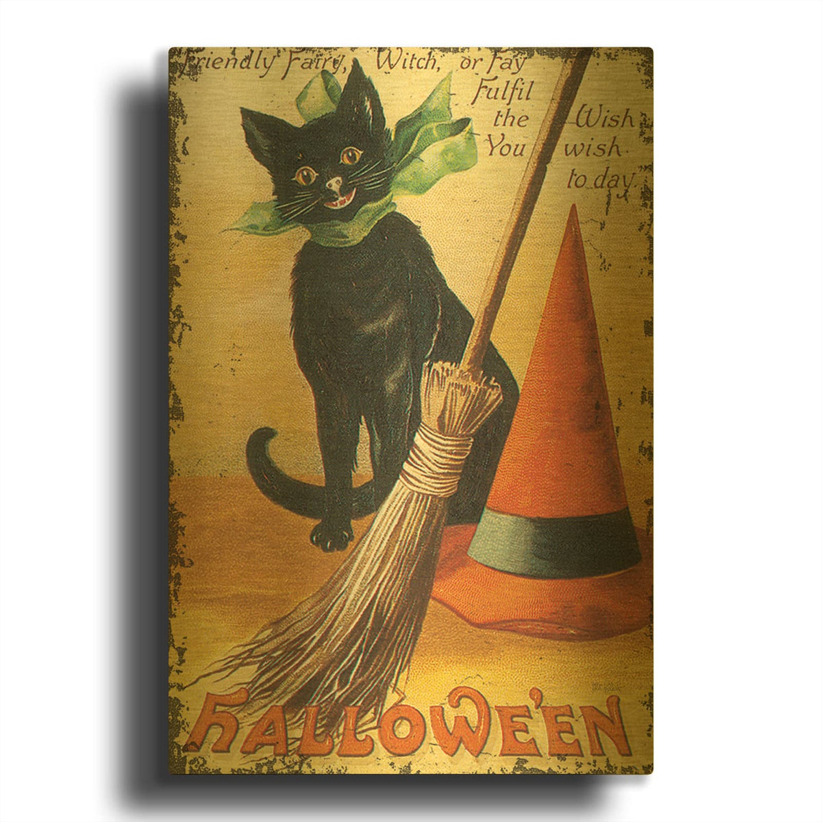 'Halloween Nostalgia Cat With Broom' By Katie Pertiet Gold Metal Wall Art