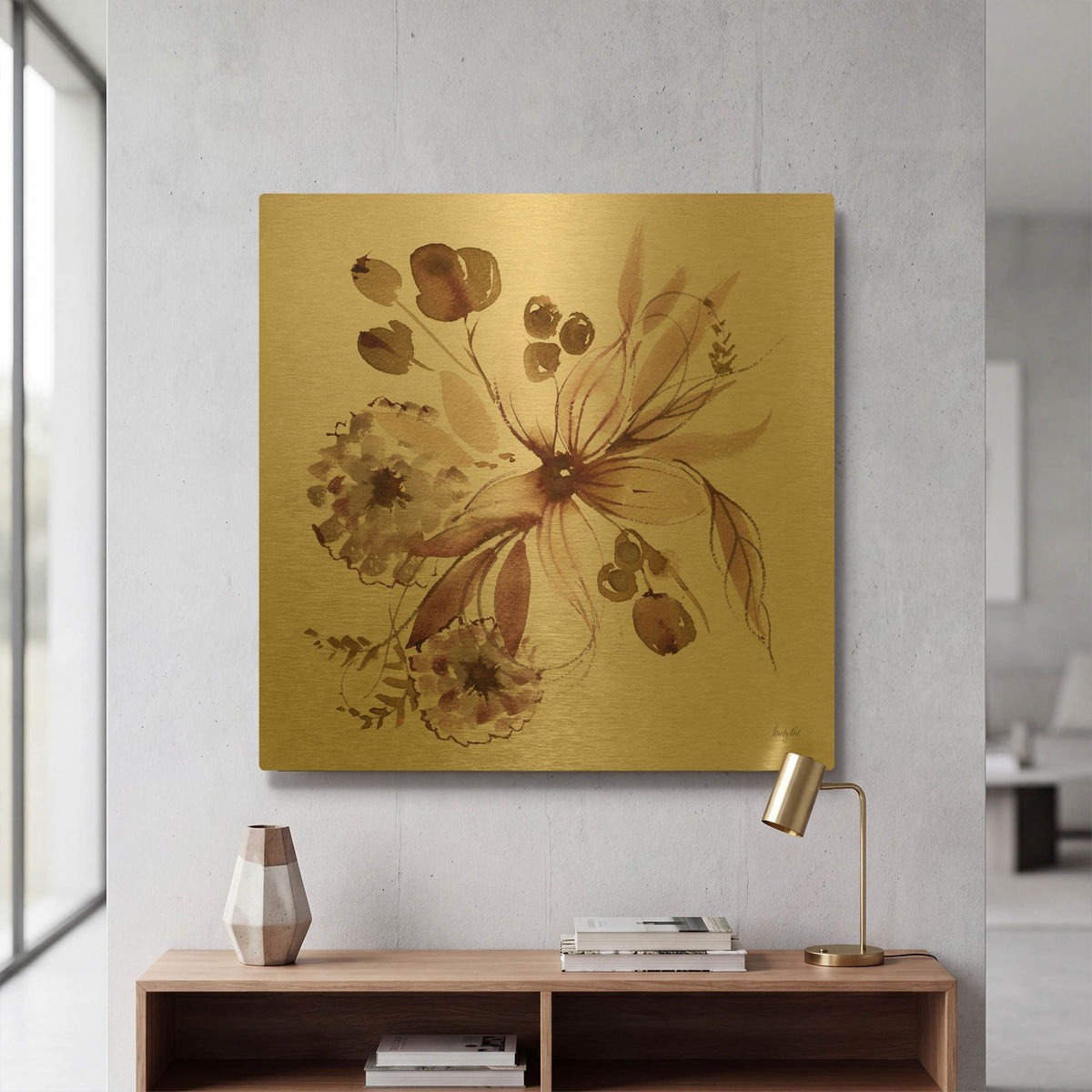 'Sepia Floral' By Kristy Rice Gold Metal Wall Art