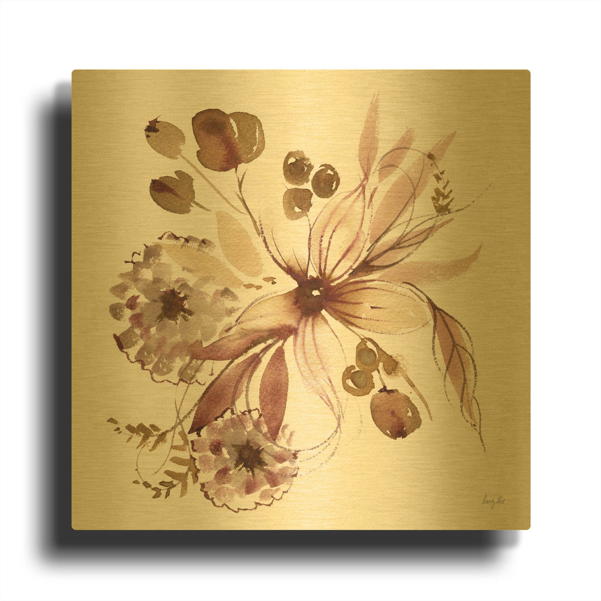 'Sepia Floral' By Kristy Rice Gold Metal Wall Art