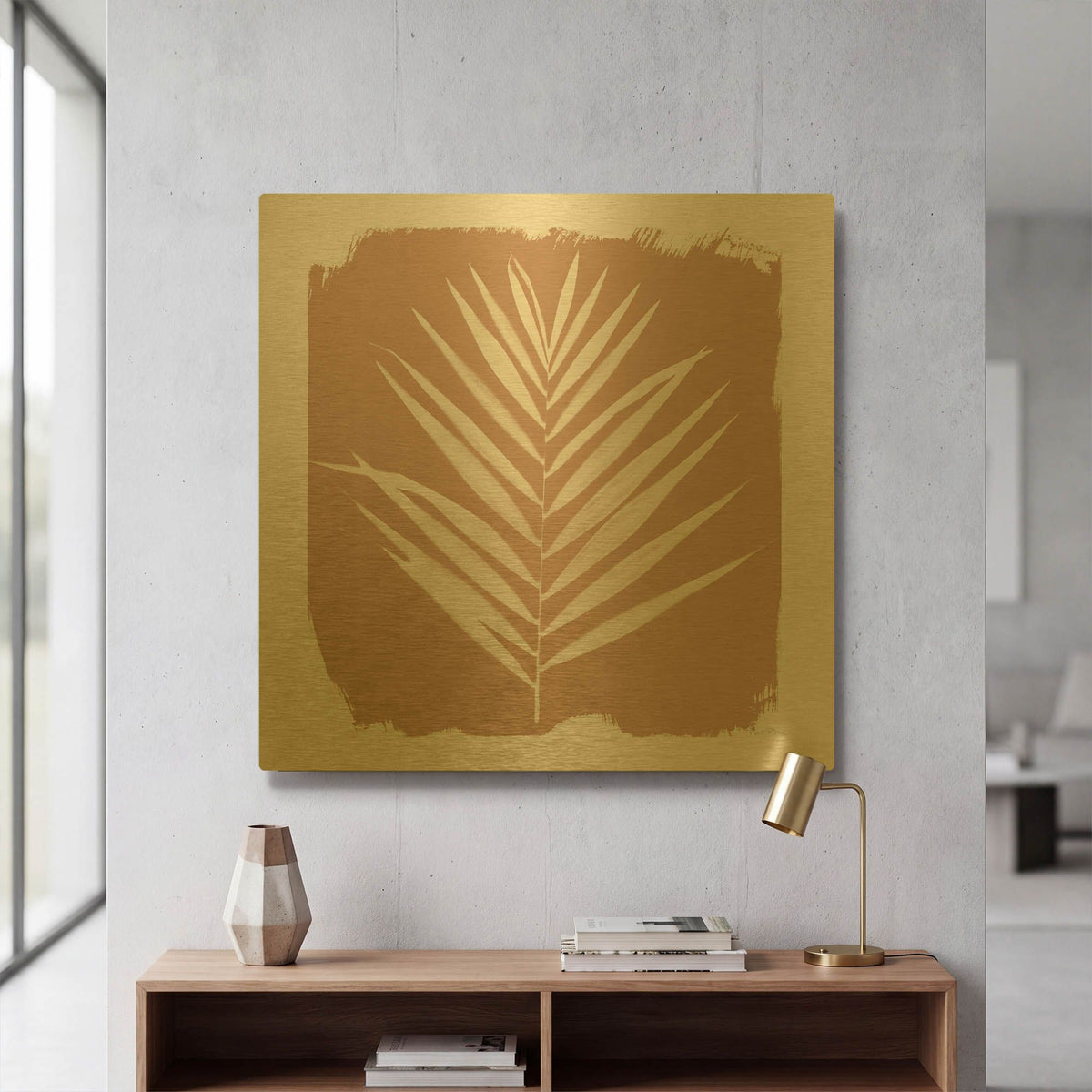 'Nature by the Lake Frond 3 Sq Natural' By Piper Rhue Gold Metal Wall Art