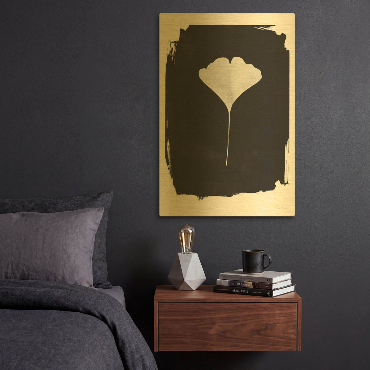 'Nature by the Lake Gingko 1 Black' By Piper Rhue Gold Metal Wall Art
