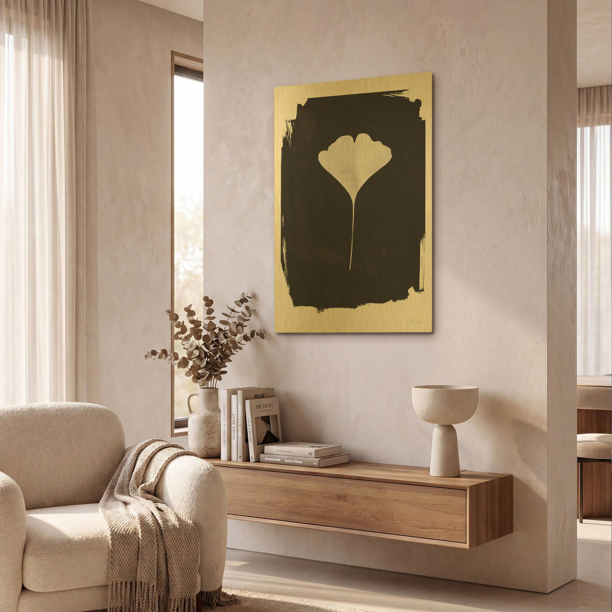 'Nature by the Lake Gingko 1 Black' By Piper Rhue Gold Metal Wall Art