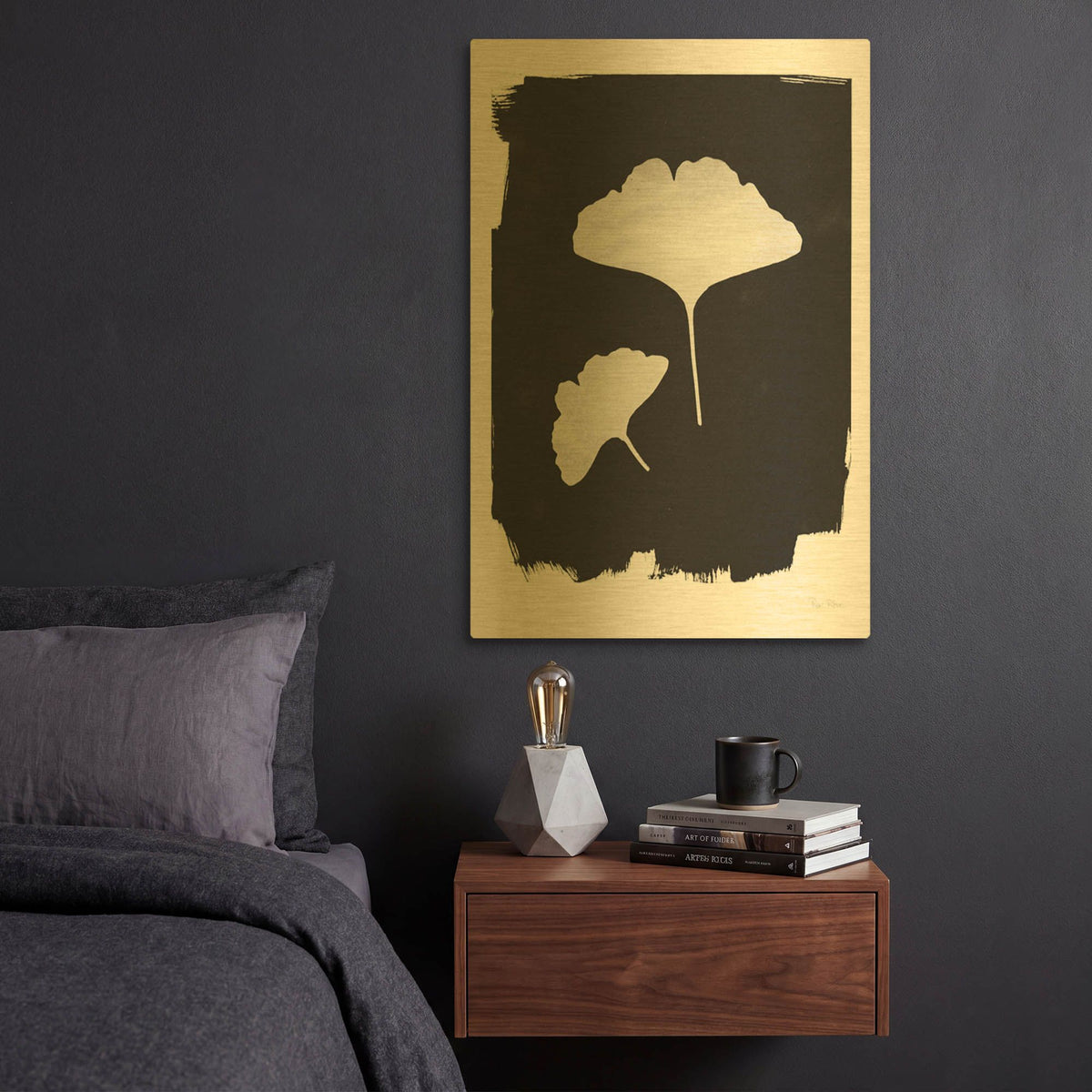 'Nature by the Lake Gingko 2 Black' By Piper Rhue Gold Metal Wall Art