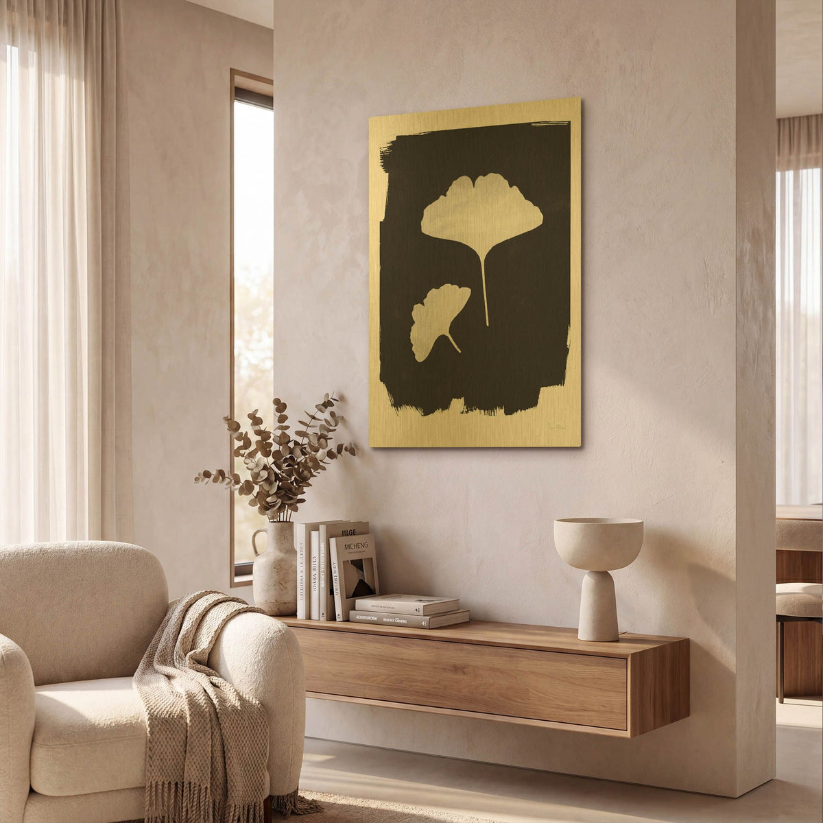 'Nature by the Lake Gingko 2 Black' By Piper Rhue Gold Metal Wall Art