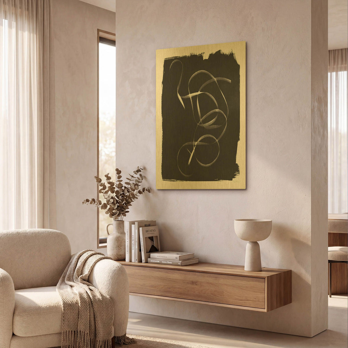 'Nature By The Lake Ribbon 1 BW' By Piper Rhue Gold Metal Wall Art