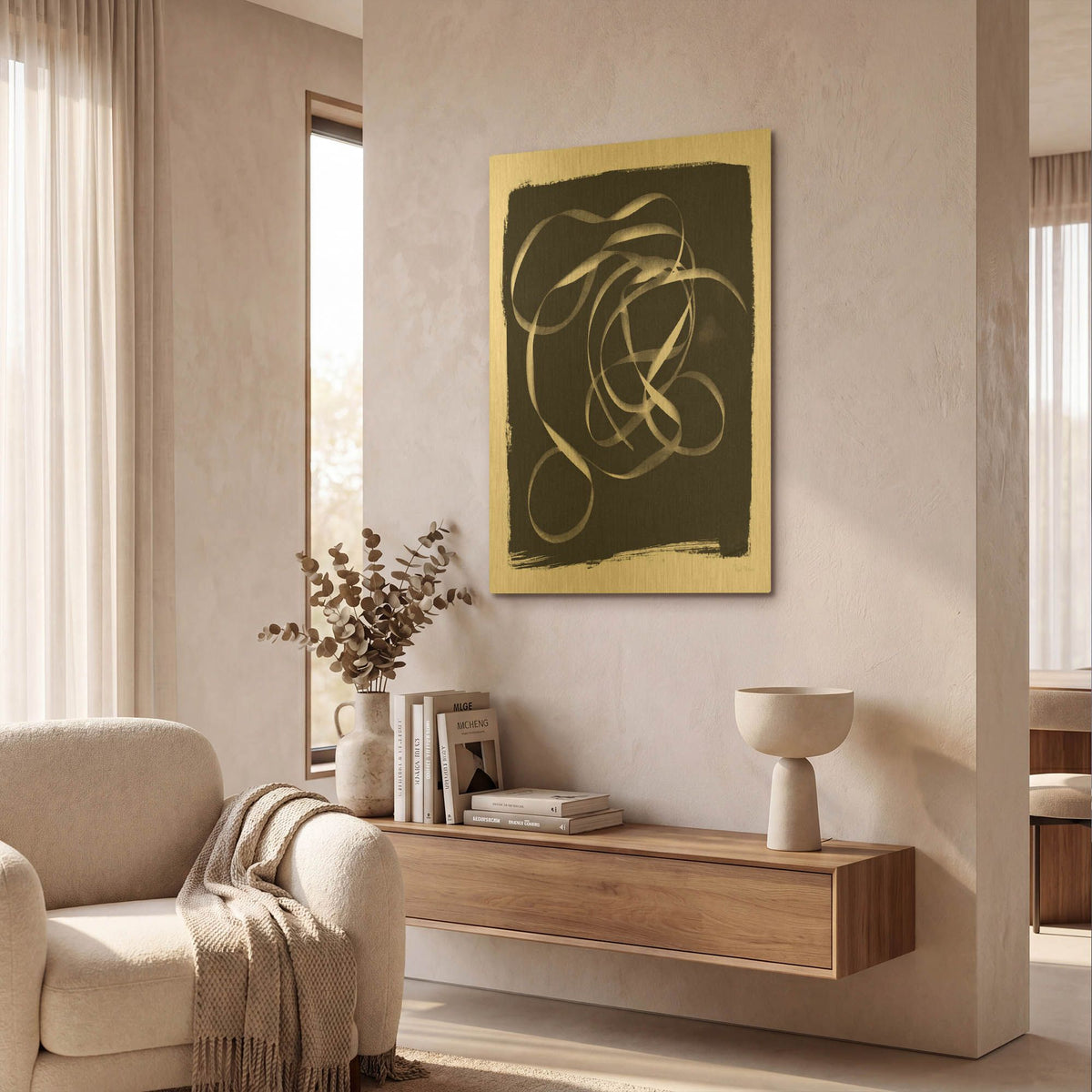 'Nature By The Lake Ribbon 2 BW' By Piper Rhue Gold Metal Wall Art