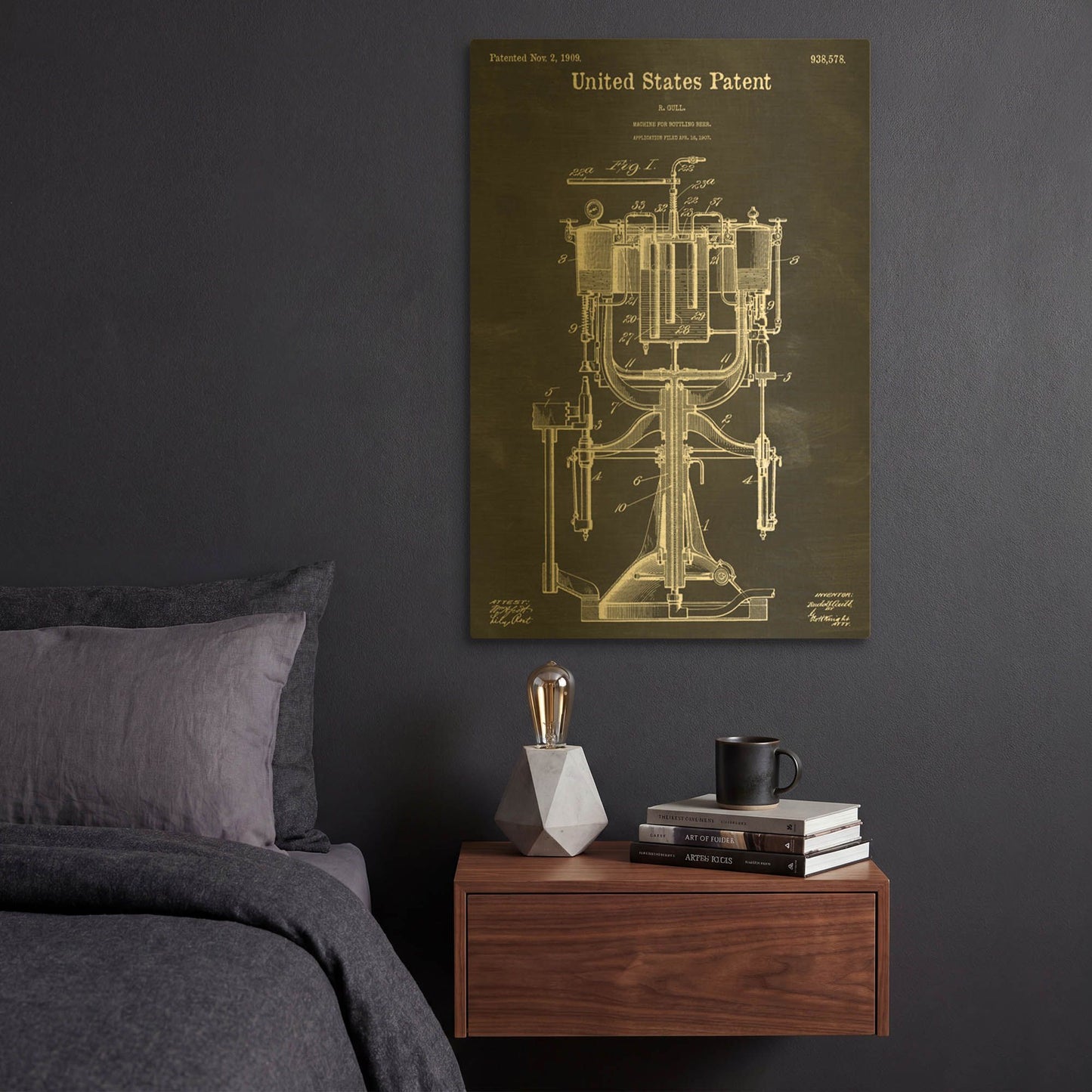 'Beer Bottling Machine Blueprint Patent Chalkboard' By LUXE Gold Metal Wall Art