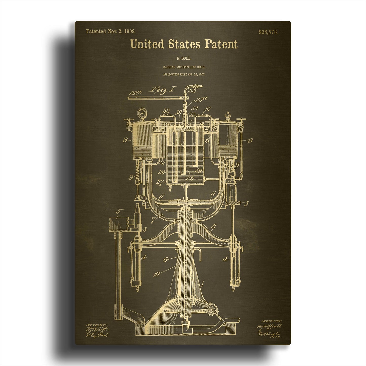 'Beer Bottling Machine Blueprint Patent Chalkboard' By LUXE Gold Metal Wall Art