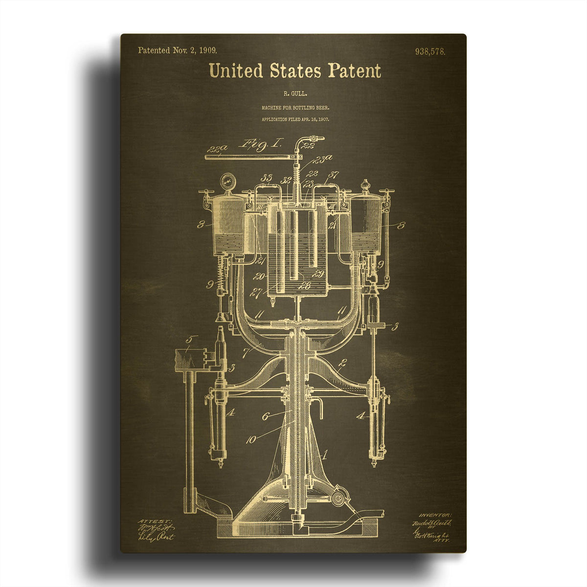 'Beer Bottling Machine Blueprint Patent Chalkboard' By LUXE Gold Metal Wall Art