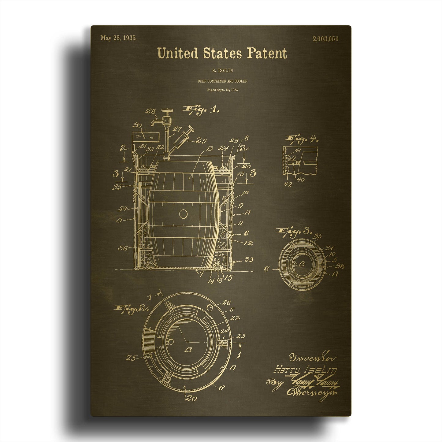 'Beer Container and Cooler Blueprint Patent Chalkboard' By LUXE Gold Metal Wall Art