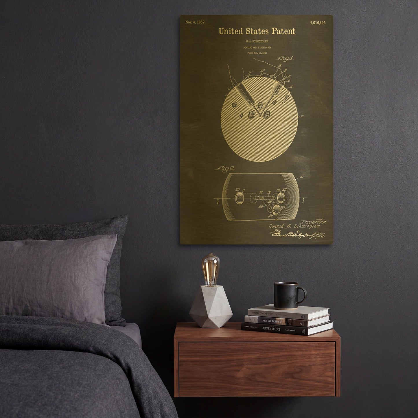 'Bowling Ball Finger Grip Blueprint Patent Chalkboard' By LUXE Gold Metal Wall Art