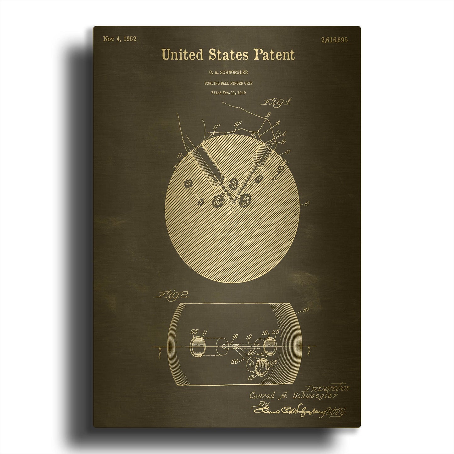 'Bowling Ball Finger Grip Blueprint Patent Chalkboard' By LUXE Gold Metal Wall Art