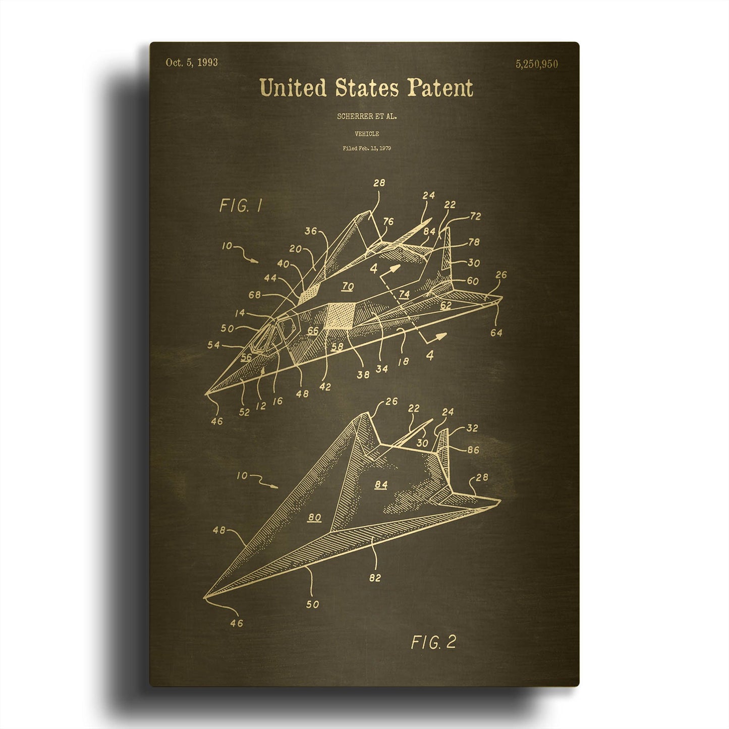 'F-117 Nighthawk Stealth Fighter Blueprint Patent Chalkboard' By LUXE Gold Metal Wall Art