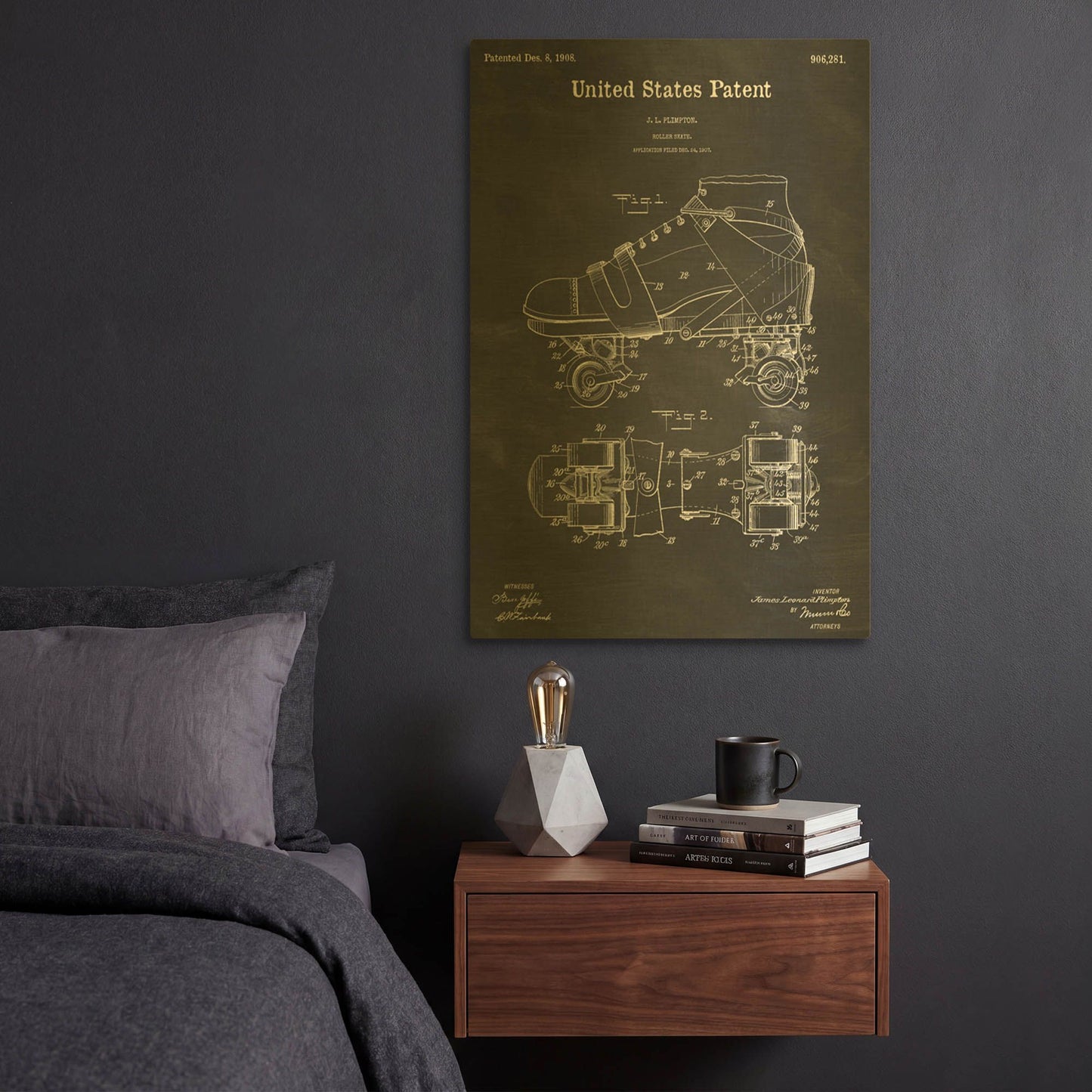 'Roller Skates Blueprint Patent Chalkboard' By LUXE Gold Metal Wall Art