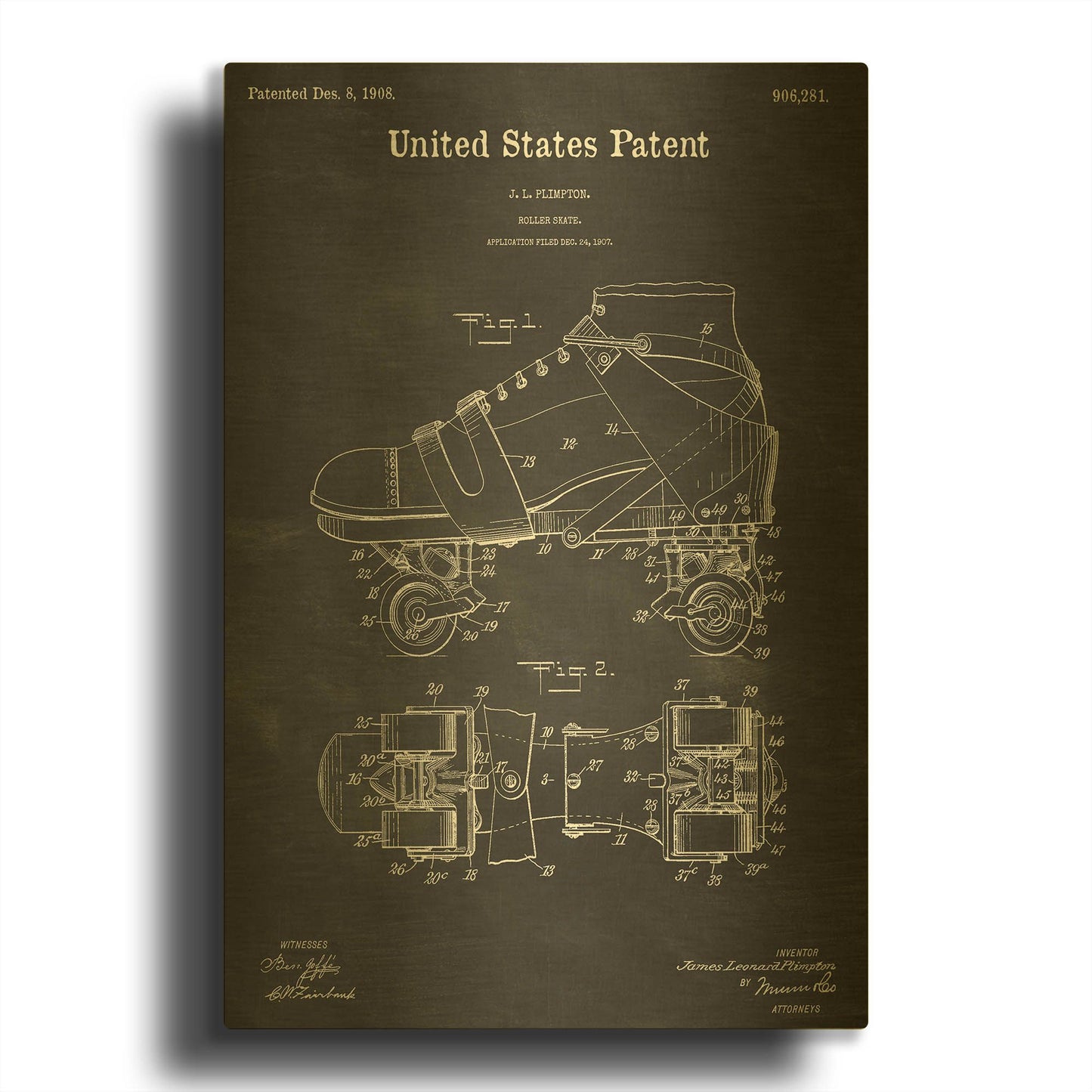 'Roller Skates Blueprint Patent Chalkboard' By LUXE Gold Metal Wall Art