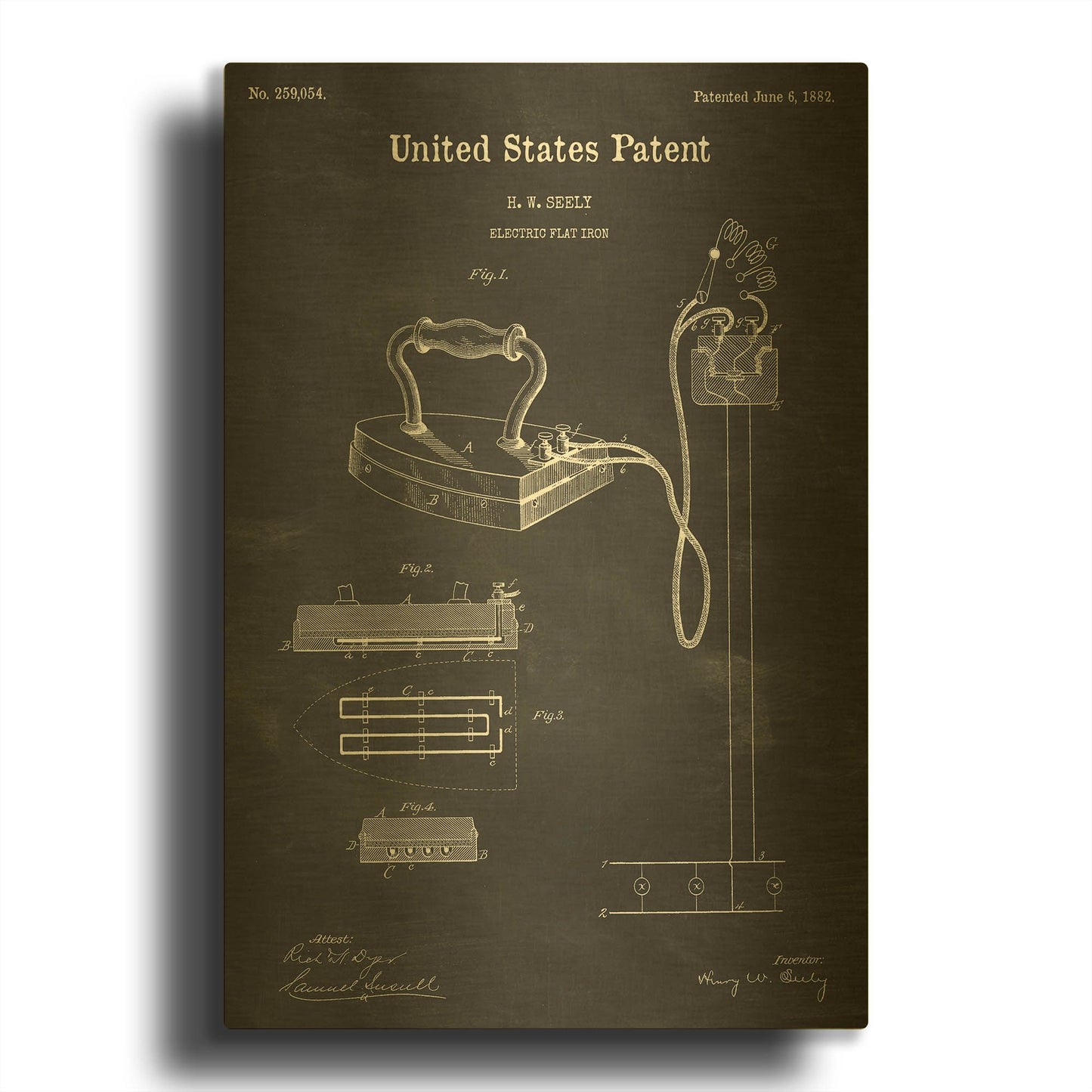 'Electric Flat Iron Blueprint Patent Chalkboard' By LUXE Gold Metal Wall Art