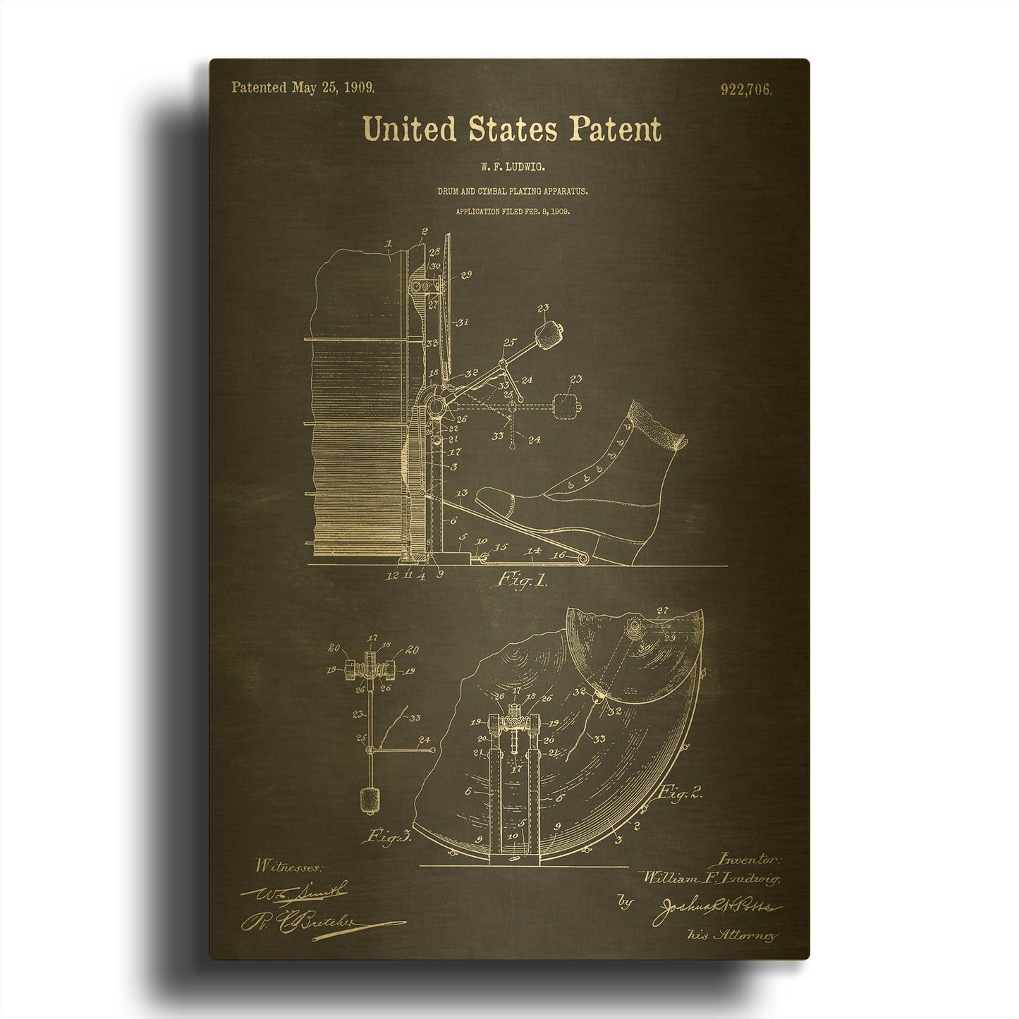 'Drum and Cymbal Blueprint Patent Chalkboard' By LUXE Gold Metal Wall Art