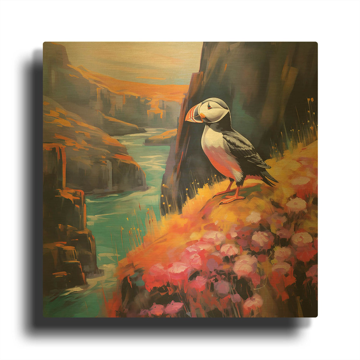 'Puffins 2' By r3darch0n Gold Metal Wall Art
