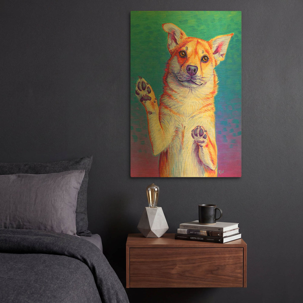 'Cute Rainbow Dog' By Rebecca Wang Art Gold Metal Wall Art