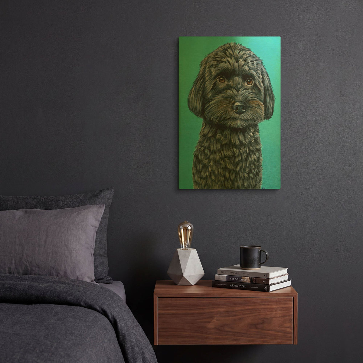 'Cute Schnoodle On Teal' By Rebecca Wang Art Gold Metal Wall Art