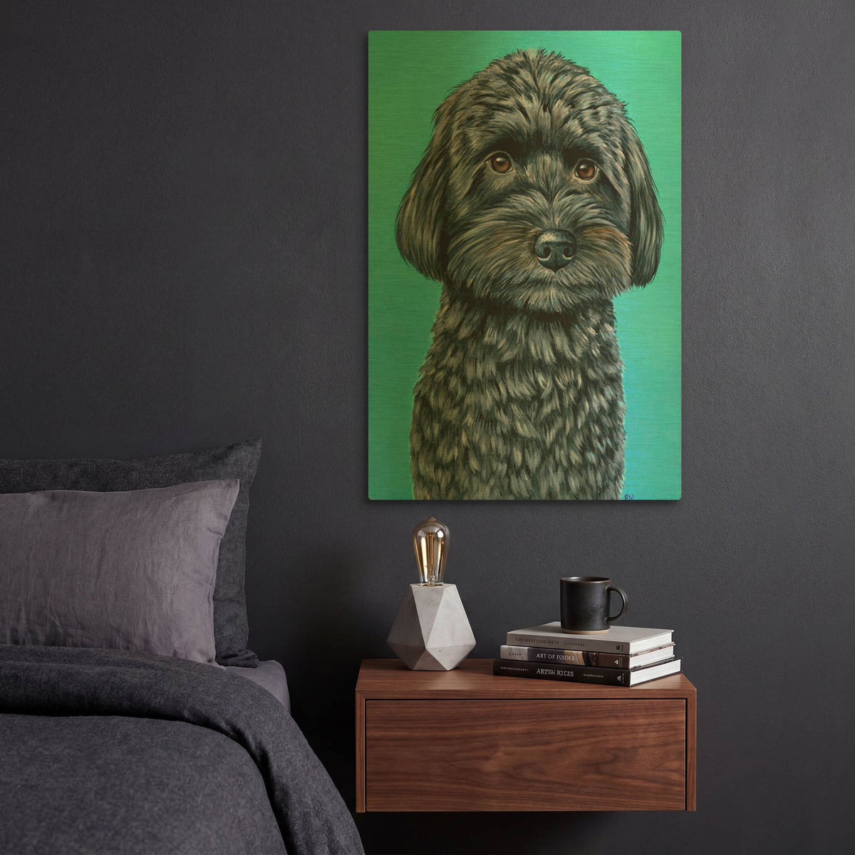 'Cute Schnoodle On Teal' By Rebecca Wang Art Gold Metal Wall Art