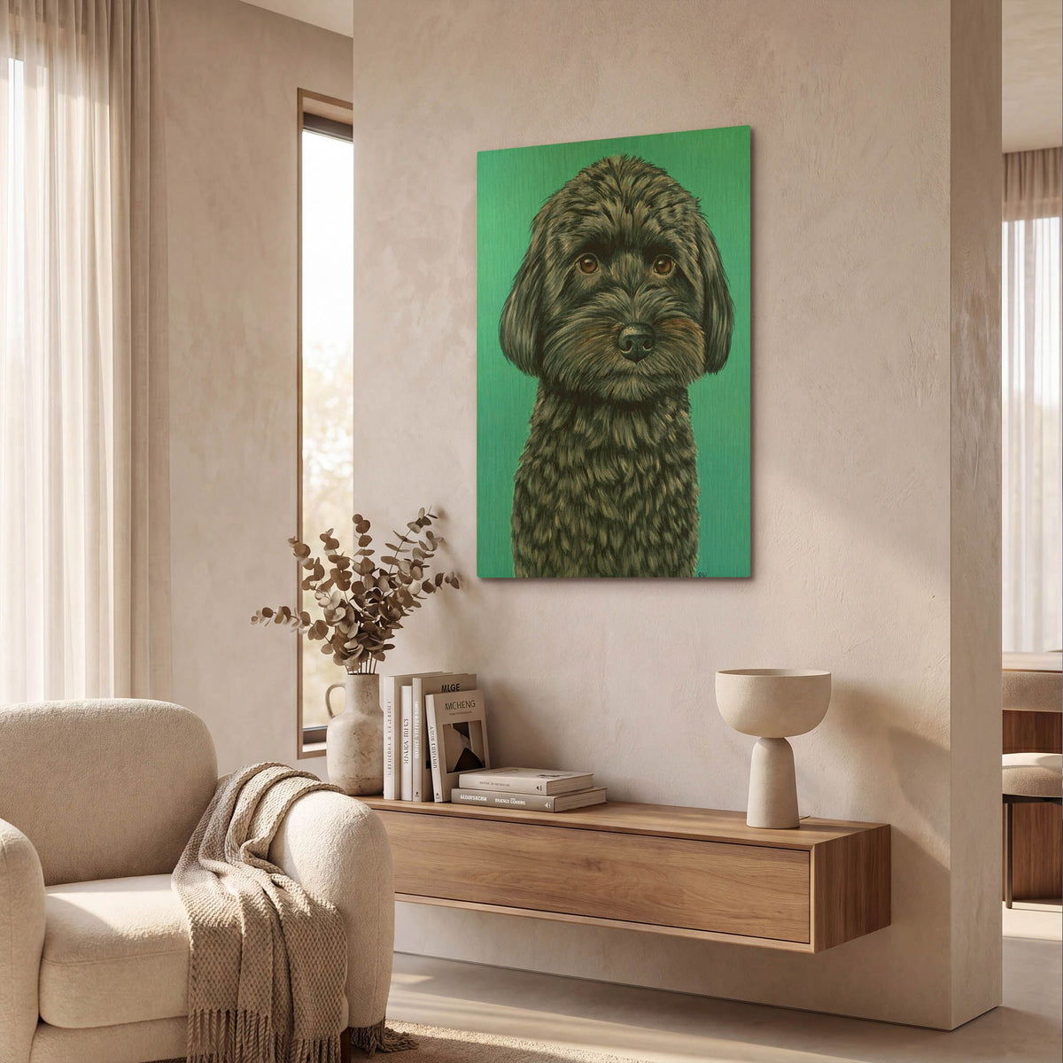 'Cute Schnoodle On Teal' By Rebecca Wang Art Gold Metal Wall Art