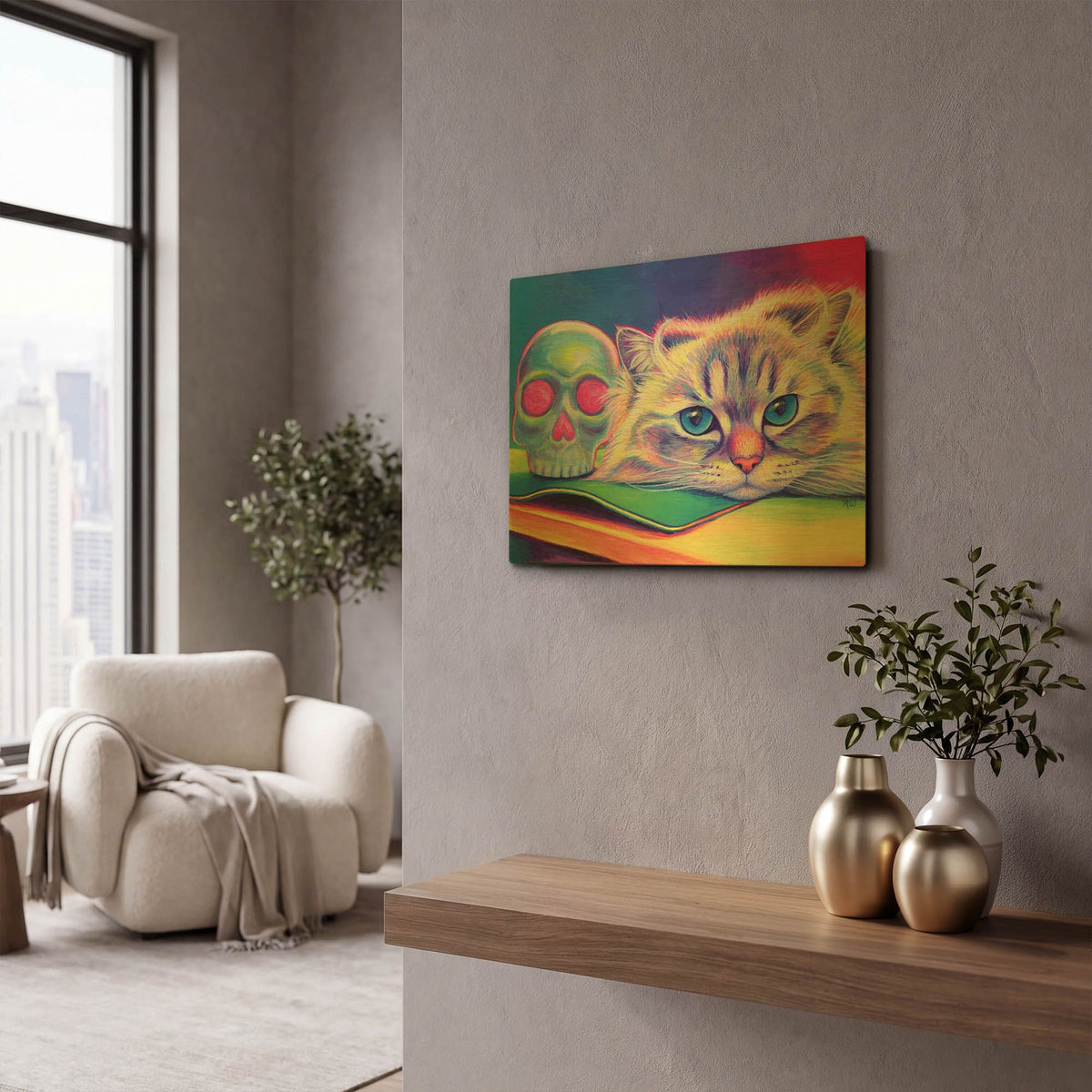 'Himalayan Cat With Skull' By Rebecca Wang Art Gold Metal Wall Art