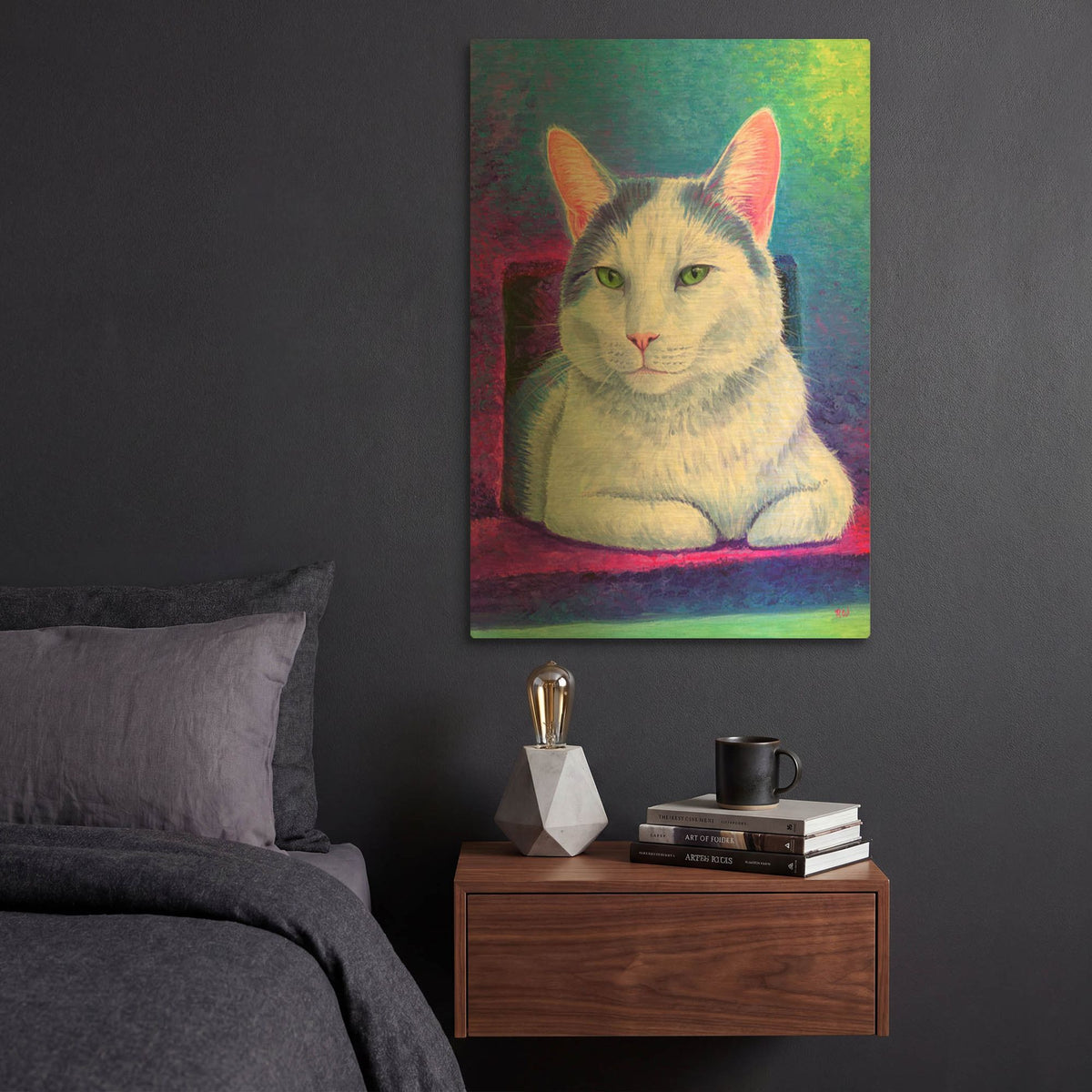 'Rainbow White Cat' By Rebecca Wang Art Gold Metal Wall Art