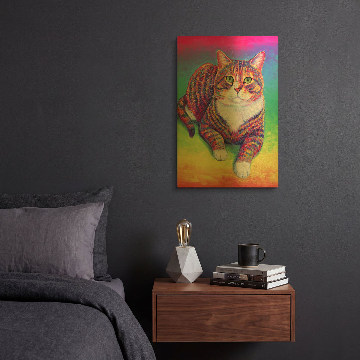 'Vibrant Rainbow Brown Tabby Cat' By Rebecca Wang Art Gold Metal Wall Art