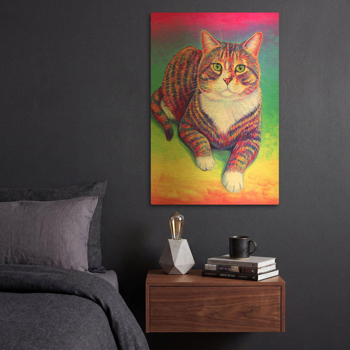 'Vibrant Rainbow Brown Tabby Cat' By Rebecca Wang Art Gold Metal Wall Art