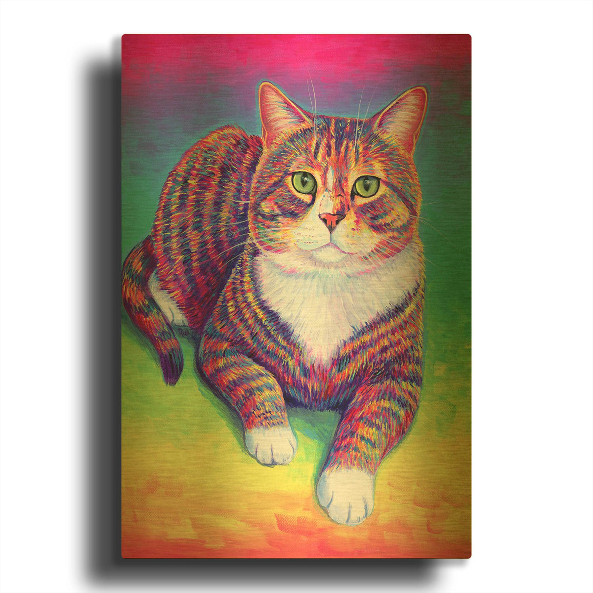'Vibrant Rainbow Brown Tabby Cat' By Rebecca Wang Art Gold Metal Wall Art