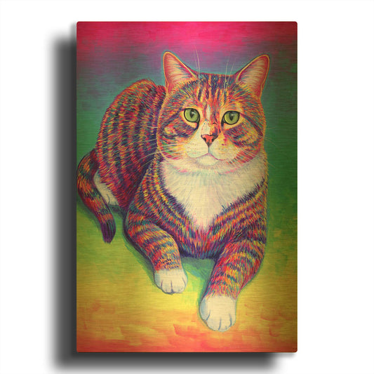 'Vibrant Rainbow Brown Tabby Cat' By Rebecca Wang Art Gold Metal Wall Art
