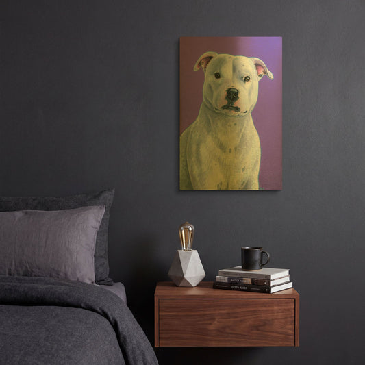 'White Staffordshire Bull Terrier Dog On Purple' By Rebecca Wang Art Gold Metal Wall Art