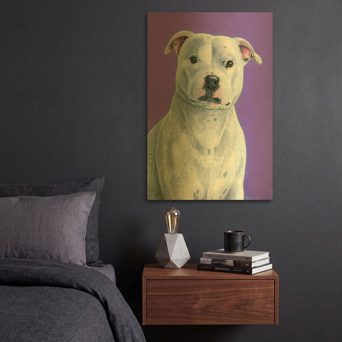 'White Staffordshire Bull Terrier Dog On Purple' By Rebecca Wang Art Gold Metal Wall Art