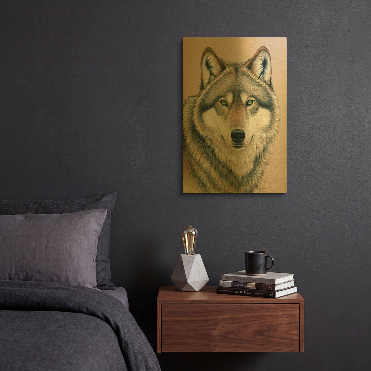 'Wolf With Eyes Of Fierce Green Fire' By Rebecca Wang Art Gold Metal Wall Art