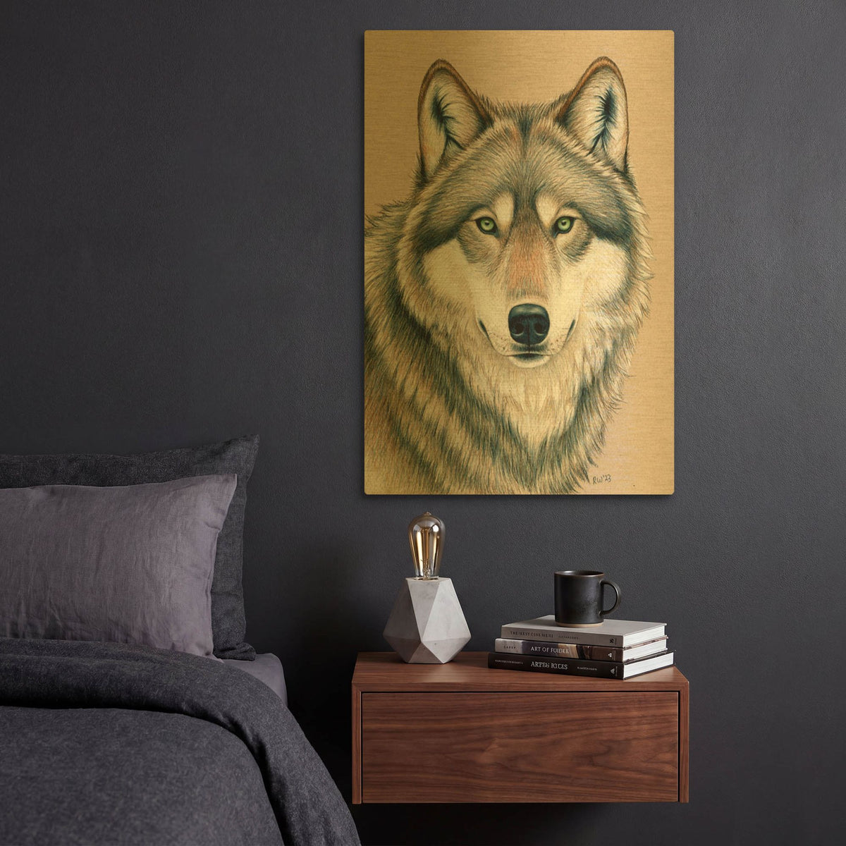 'Wolf With Eyes Of Fierce Green Fire' By Rebecca Wang Art Gold Metal Wall Art
