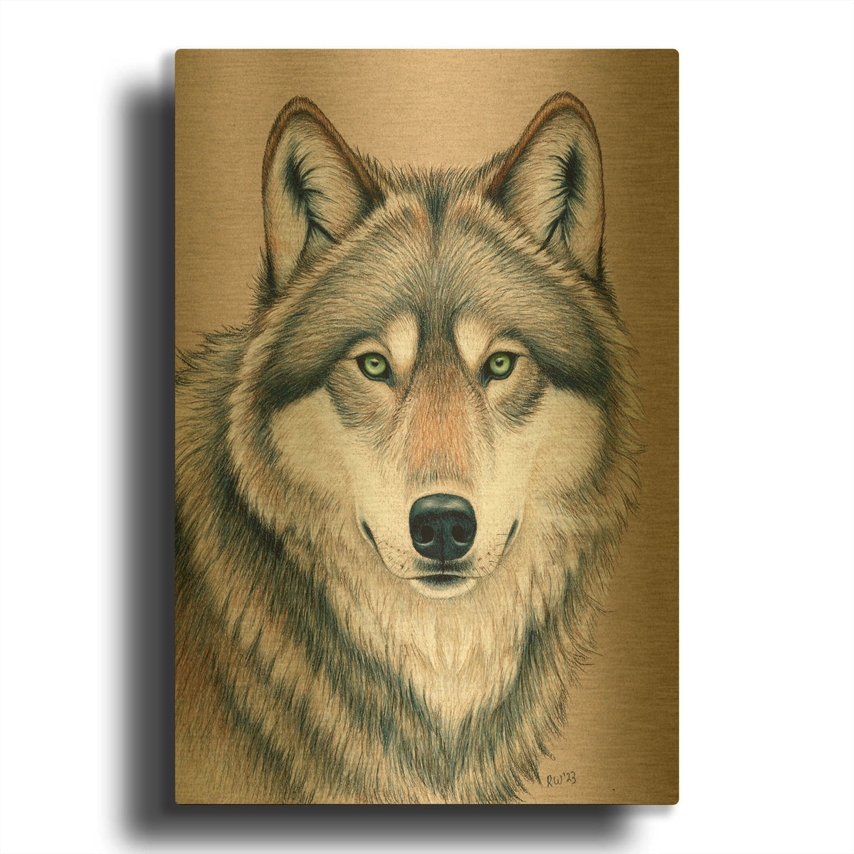 'Wolf With Eyes Of Fierce Green Fire' By Rebecca Wang Art Gold Metal Wall Art