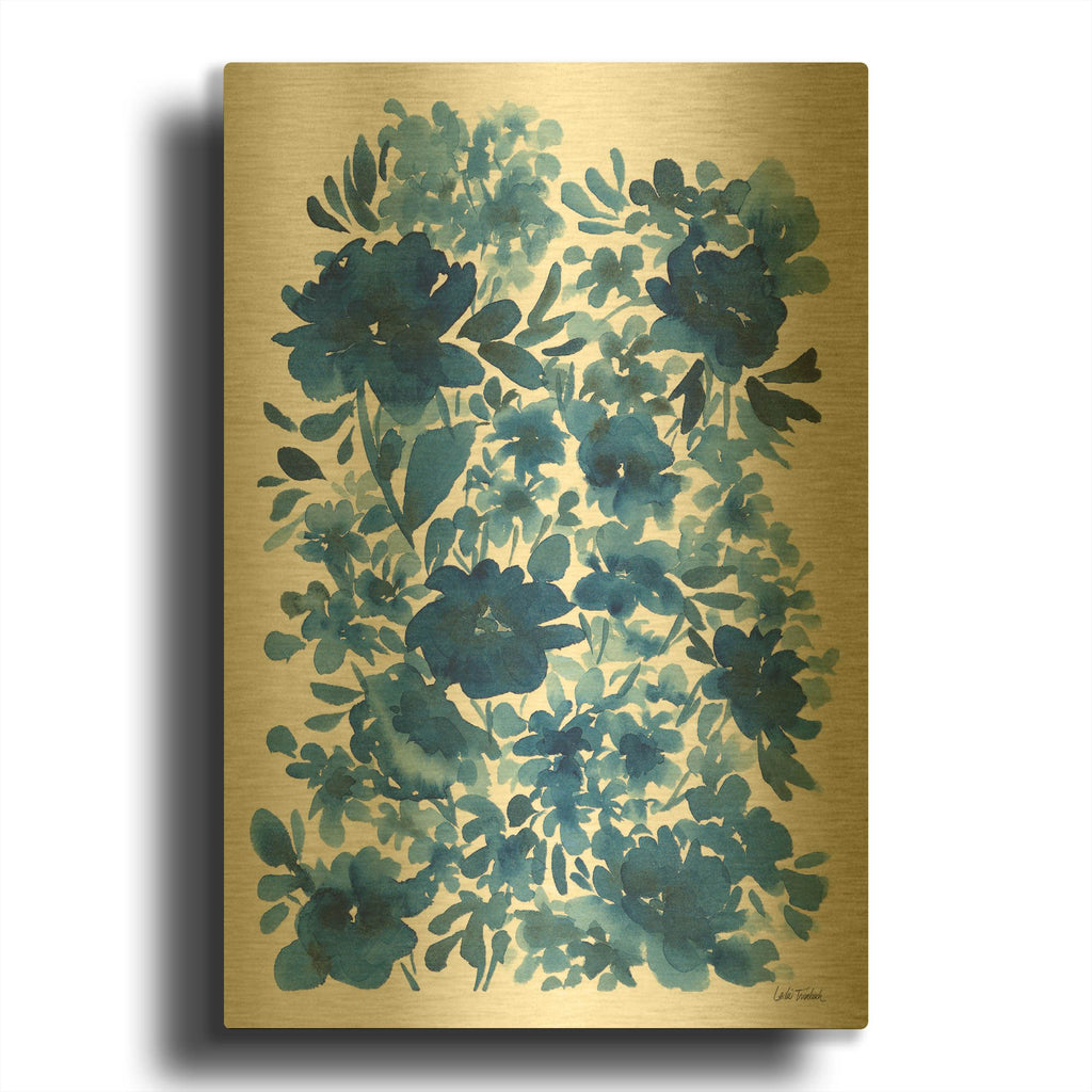 'Blue Floral' By Leslie Trimbach Gold Metal Wall Art