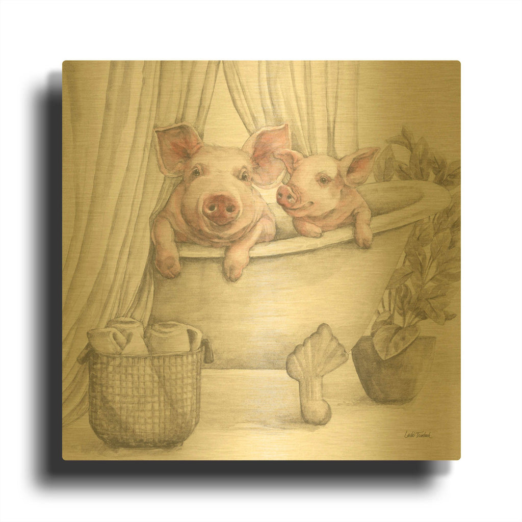'Pigs in a Tub Color' By Leslie Trimbach Gold Metal Wall Art