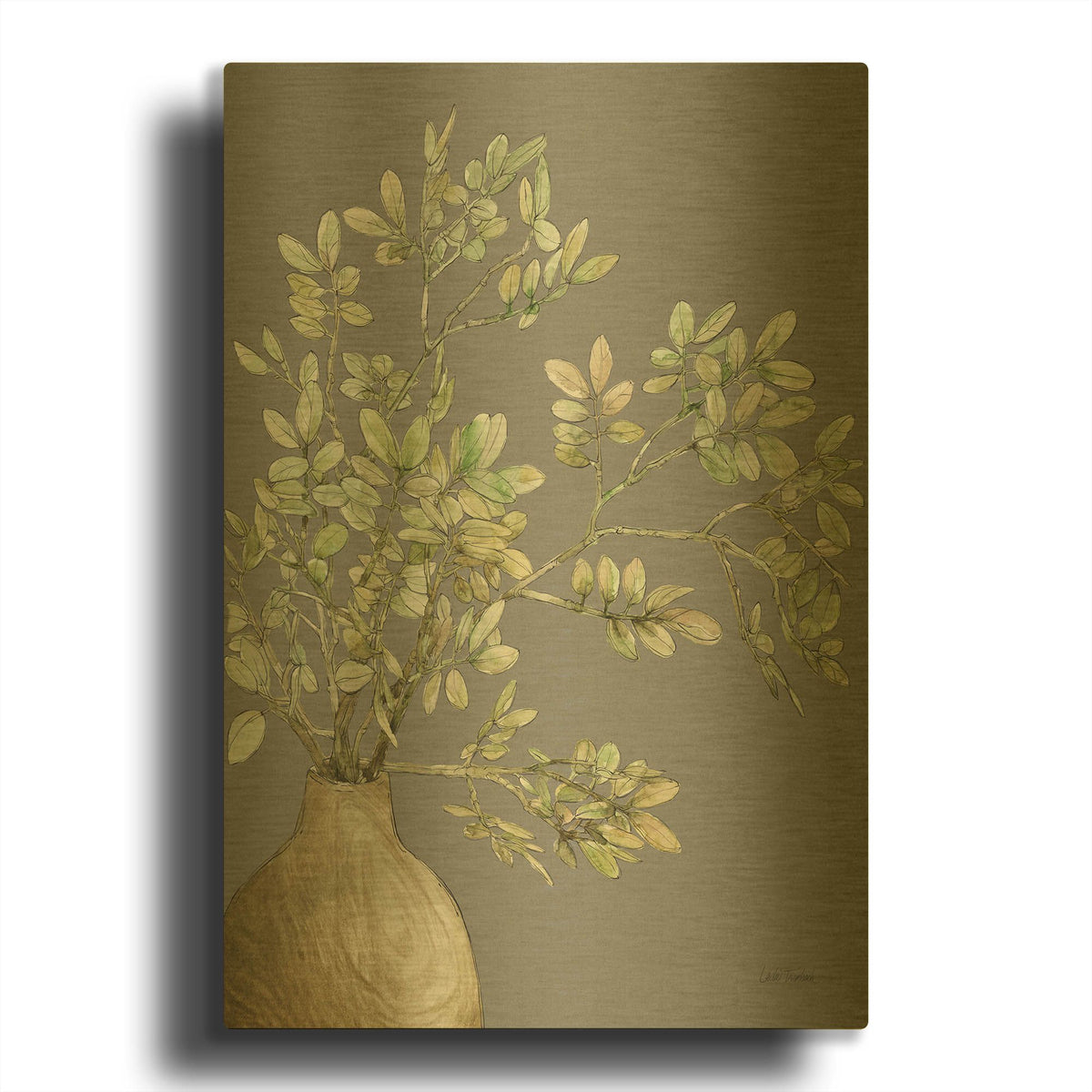 'Potted Leaves 1 Dark' By Leslie Trimbach Gold Metal Wall Art