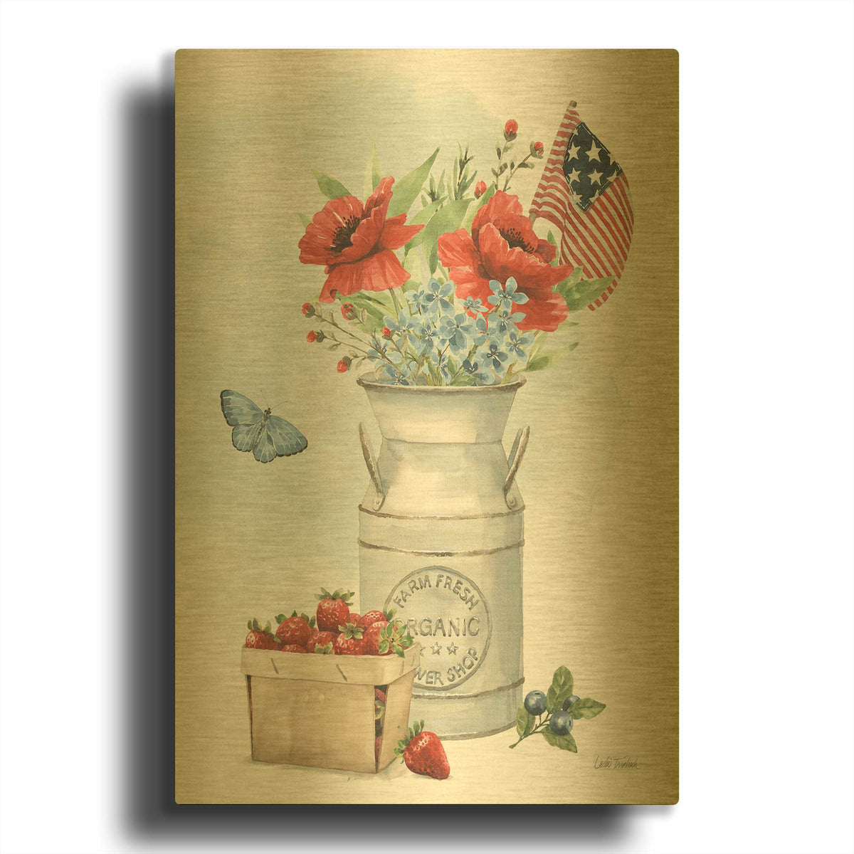 'Red White and Blue Floral 1' By Leslie Trimbach Gold Metal Wall Art