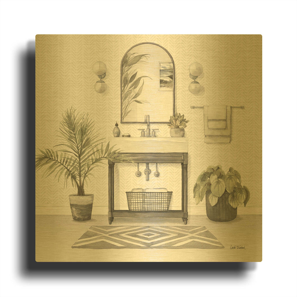 'Serene Bath 1 Gray' By Leslie Trimbach Gold Metal Wall Art