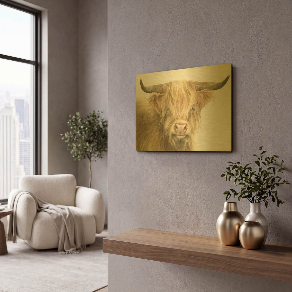 'Shetland Cow' By Leslie Trimbach Gold Metal Wall Art