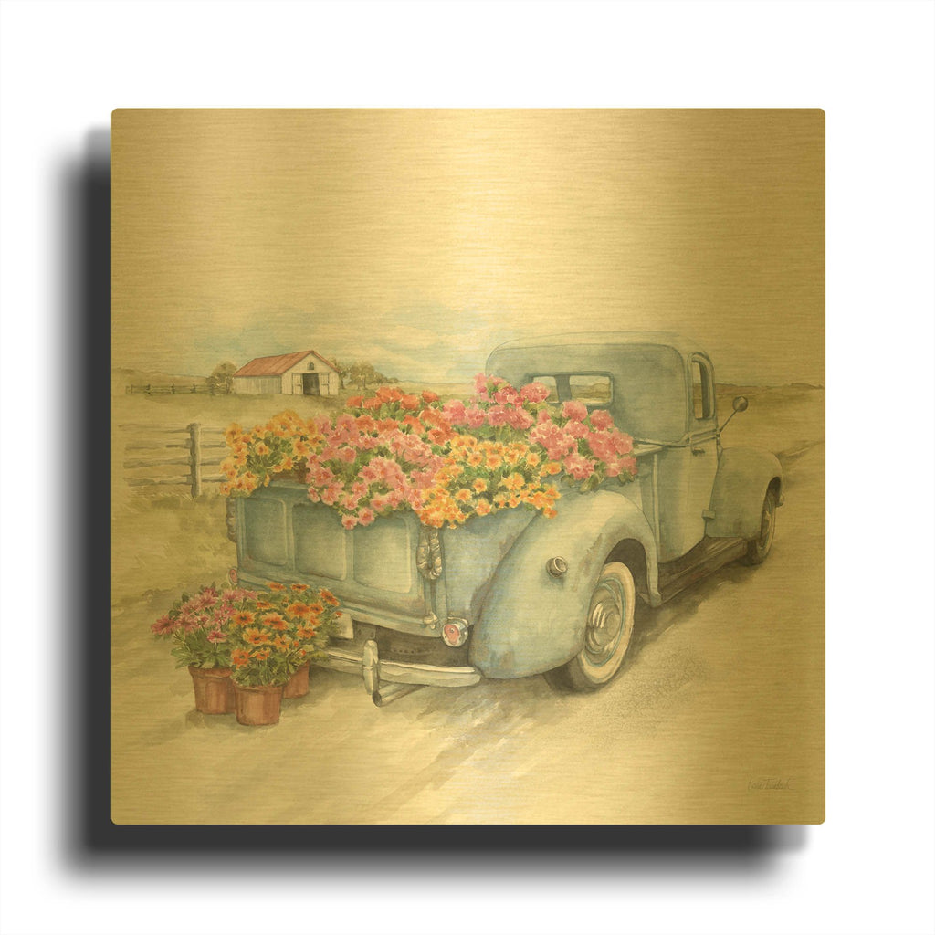 'Truck with Flowers on Blue Sq' By Leslie Trimbach Gold Metal Wall Art
