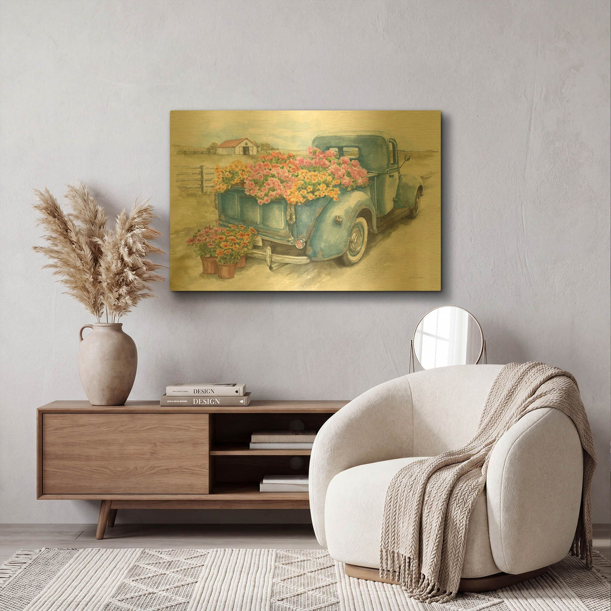 'Truck with Flowers on Blue' By Leslie Trimbach Gold Metal Wall Art