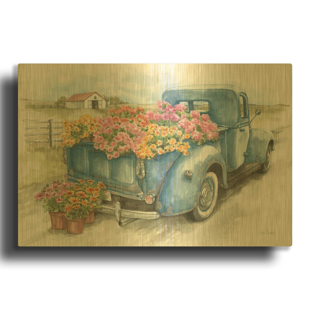 'Truck with Flowers on Blue' By Leslie Trimbach Gold Metal Wall Art