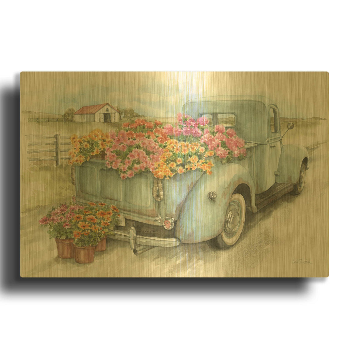'Truck with Flowers' By Leslie Trimbach Gold Metal Wall Art