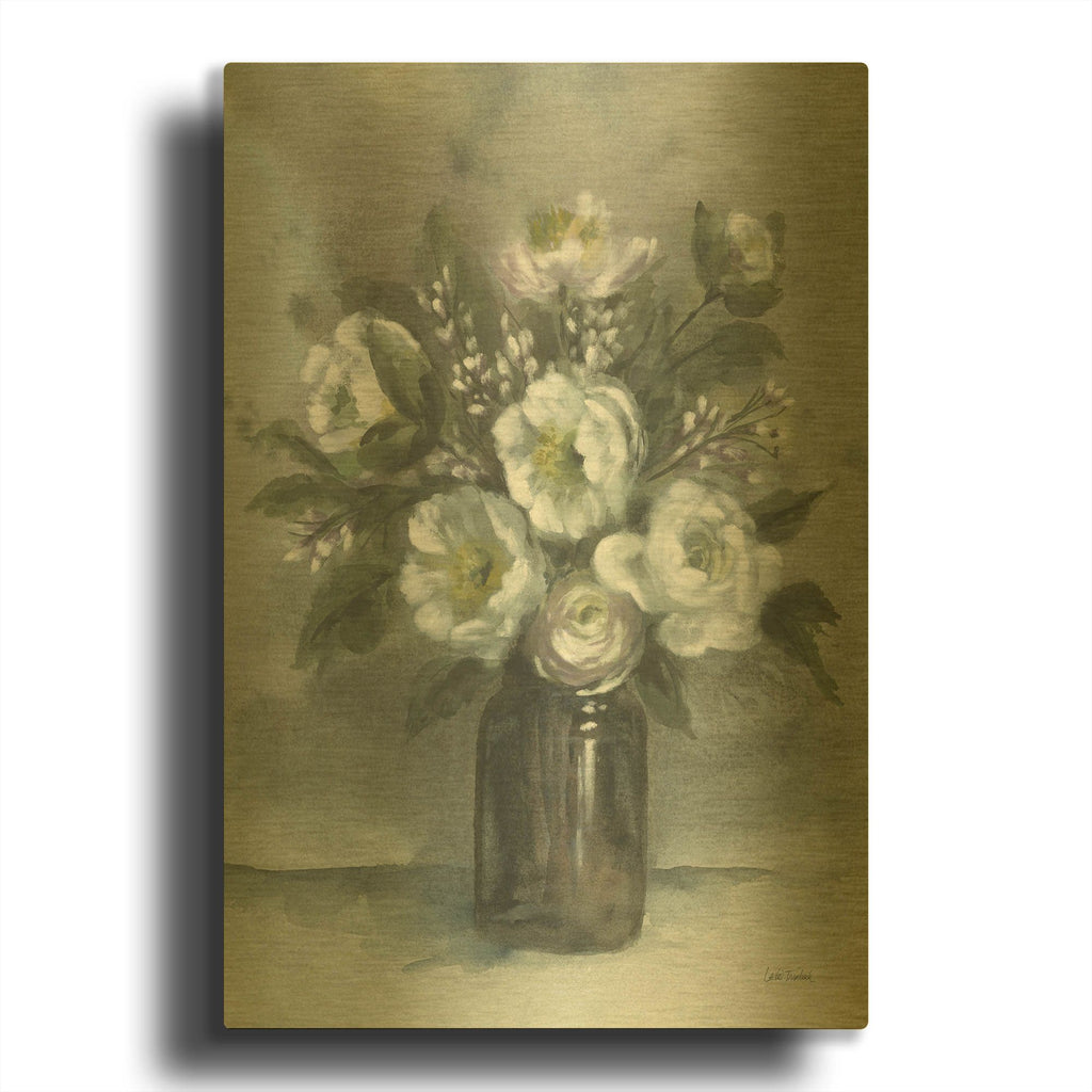 'White Floral Vase' By Leslie Trimbach Gold Metal Wall Art